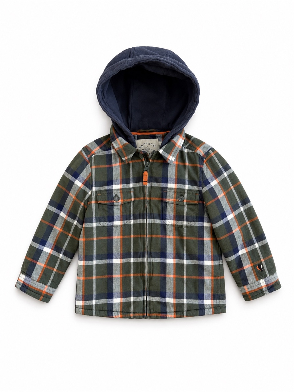 FatFace Young Crew Plaid Sherpa Lined Hooded Jacket Boys Shacket Blue Green 5/6